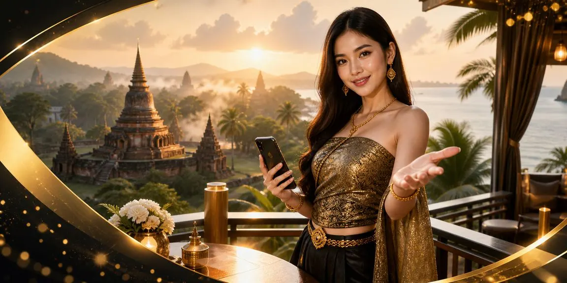 หญิงไทยนั่งข้างโต๊ะไพ่ในบรรยากาศทรอปิคอลสุโขทัย ถือมือถือเลือกเลขหวยออนไลน์