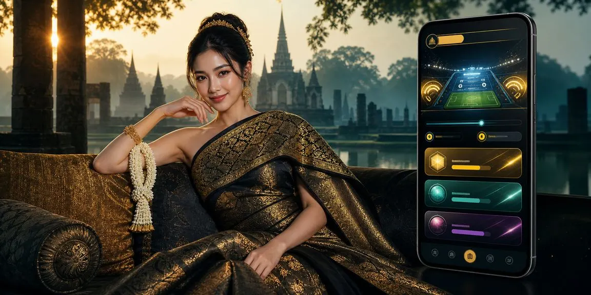 สาวไทยในชุดผ้าไหมสุโขทัยยิ้มขณะตรวจผลหวยออนไลน์บนหน้าจอมือถือ