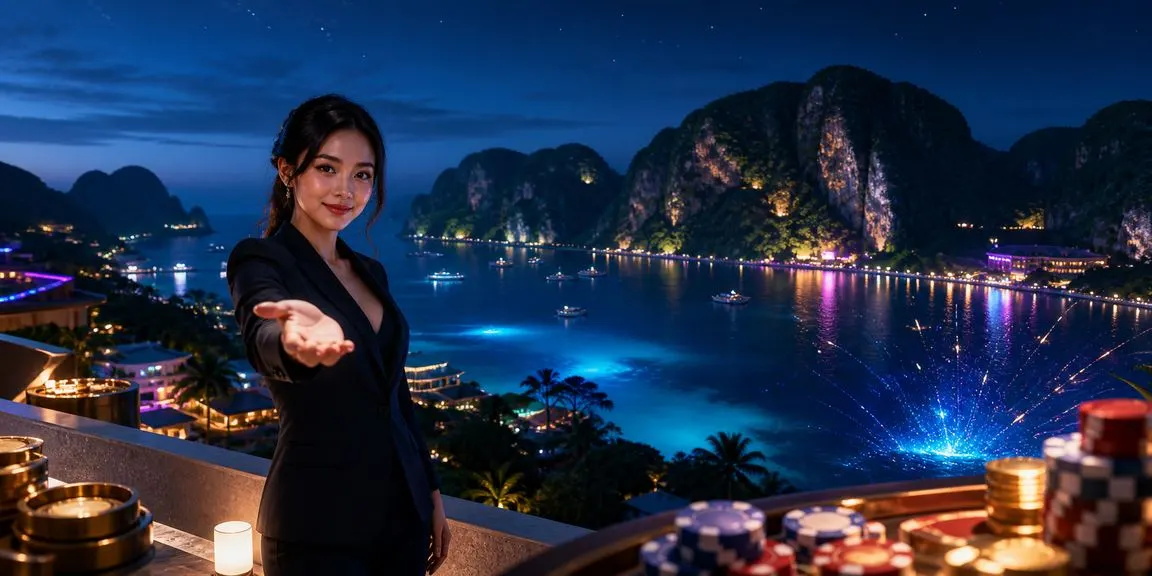หญิงไทยยืนหน้าตู้เกมแสงนีออนบนเกาะพีพี ถือมือถือเปิดดูราคาแทงมวยออนไลน์