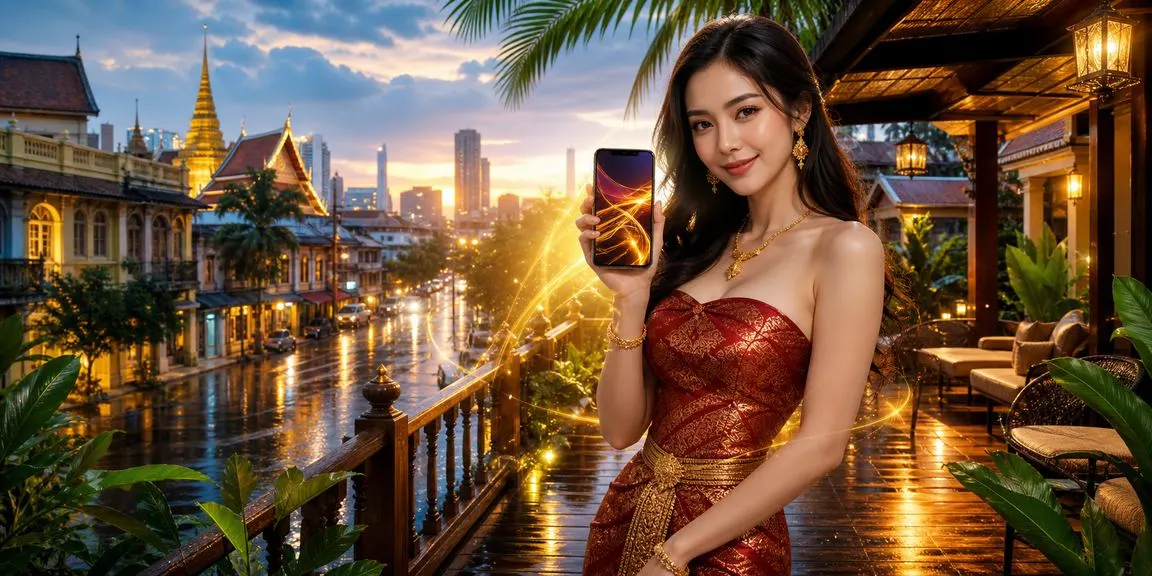 หญิงไทยสวมผ้าไหมถือโทรศัพท์ทำรายการฝากเงิน ก่อนเดิมพันกีฬาออนไลน์กับ thb22
